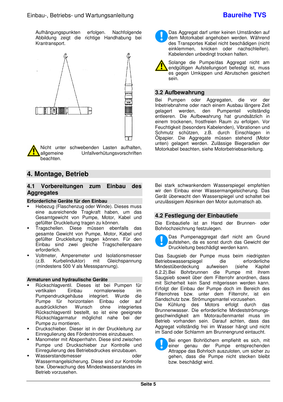 Baureihe tvs, Montage, betrieb, Einbau-, betriebs- und wartungsanleitung | 2 aufbewahrung, 1 vorbereitungen zum einbau des aggregates, 2 festlegung der einbautiefe | Xylem TVS User Manual | Page 13 / 84