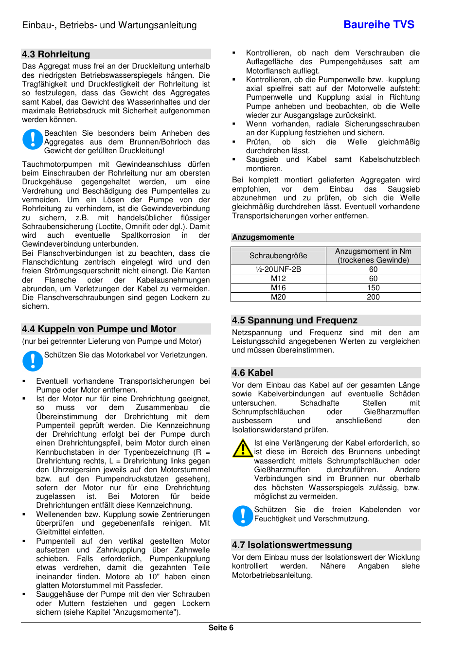 Baureihe tvs, Einbau-, betriebs- und wartungsanleitung, 3 rohrleitung | 4 kuppeln von pumpe und motor, 5 spannung und frequenz, 6 kabel, 7 isolationswertmessung | Xylem TVS User Manual | Page 14 / 84