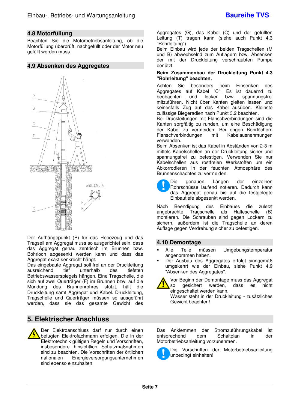Baureihe tvs, Elektrischer anschluss, Einbau-, betriebs- und wartungsanleitung | 8 motorfüllung, 9 absenken des aggregates, 10 demontage | Xylem TVS User Manual | Page 15 / 84