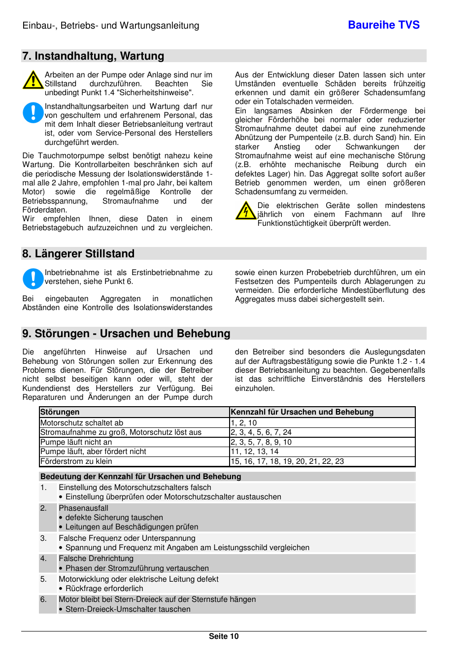 Baureihe tvs, Instandhaltung, wartung, Längerer stillstand | Störungen - ursachen und behebung, Einbau-, betriebs- und wartungsanleitung | Xylem TVS User Manual | Page 18 / 84