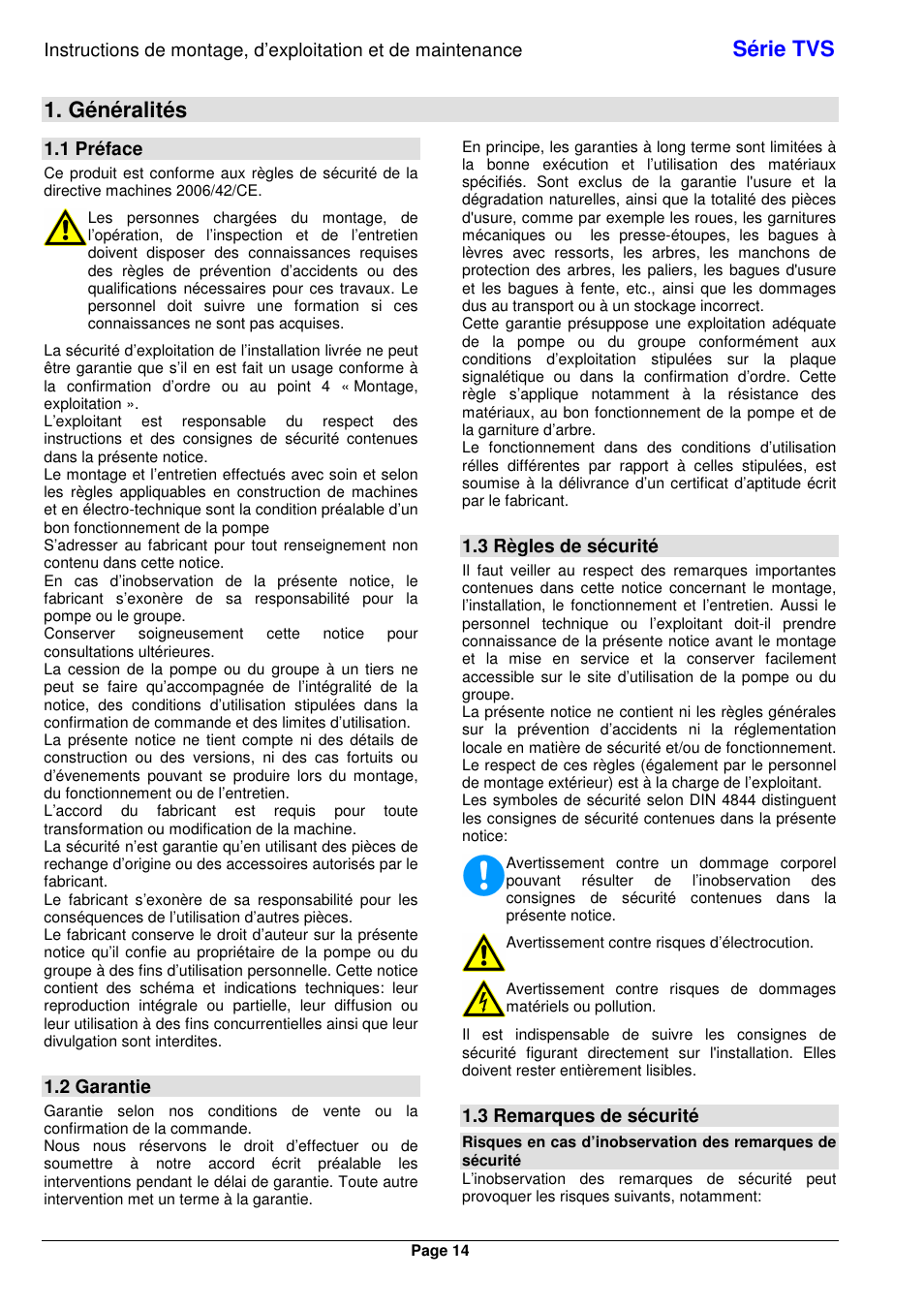 Série tvs, Généralités, 1 préface | 2 garantie, 3 règles de sécurité, 3 remarques de sécurité | Xylem TVS User Manual | Page 22 / 84