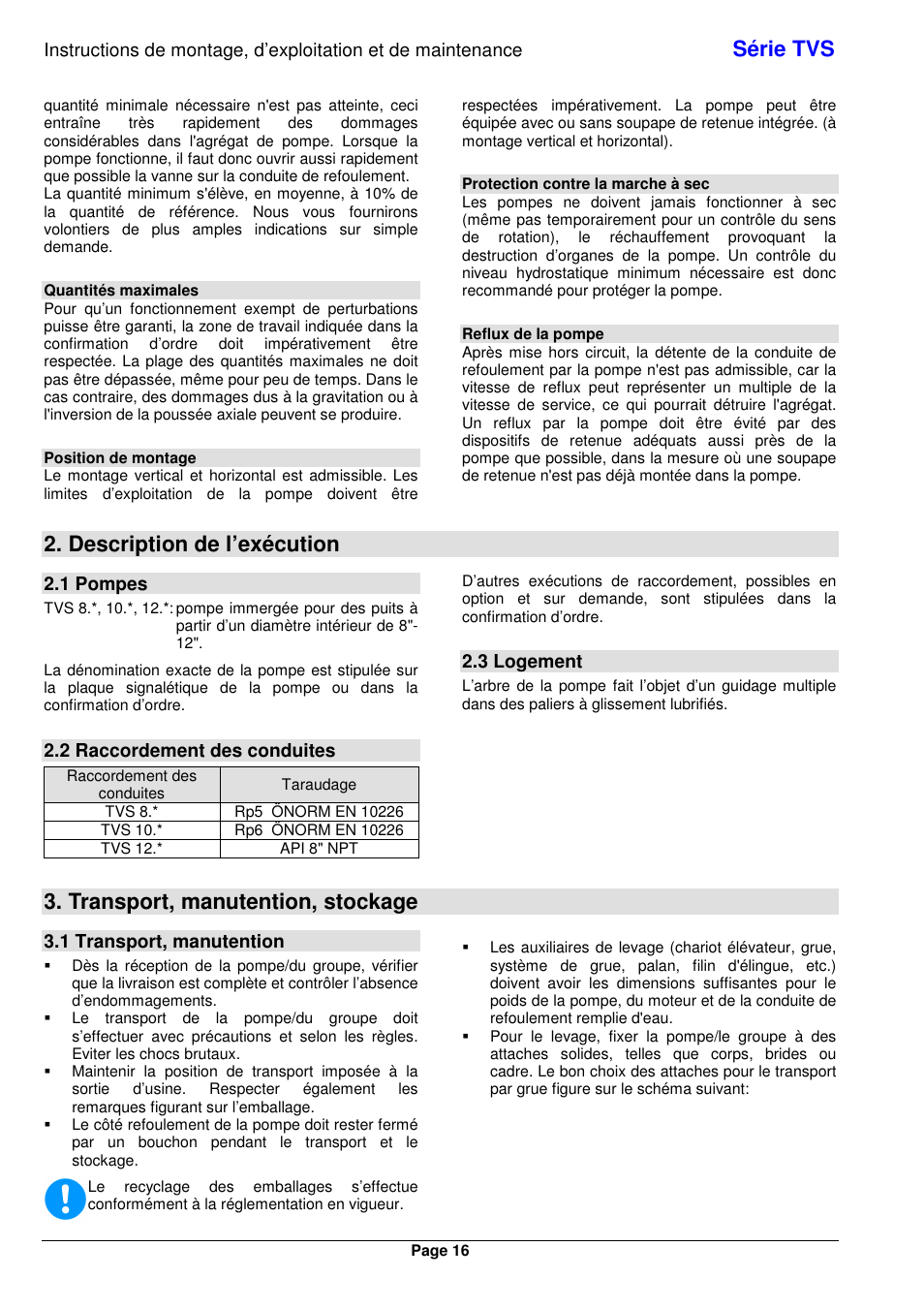 Série tvs, Description de l’exécution, Transport, manutention, stockage | Xylem TVS User Manual | Page 24 / 84