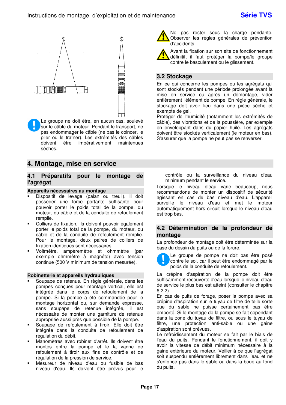 Série tvs, Montage, mise en service, 2 stockage | 1 préparatifs pour le montage de l'agrégat, 2 détermination de la profondeur de montage | Xylem TVS User Manual | Page 25 / 84