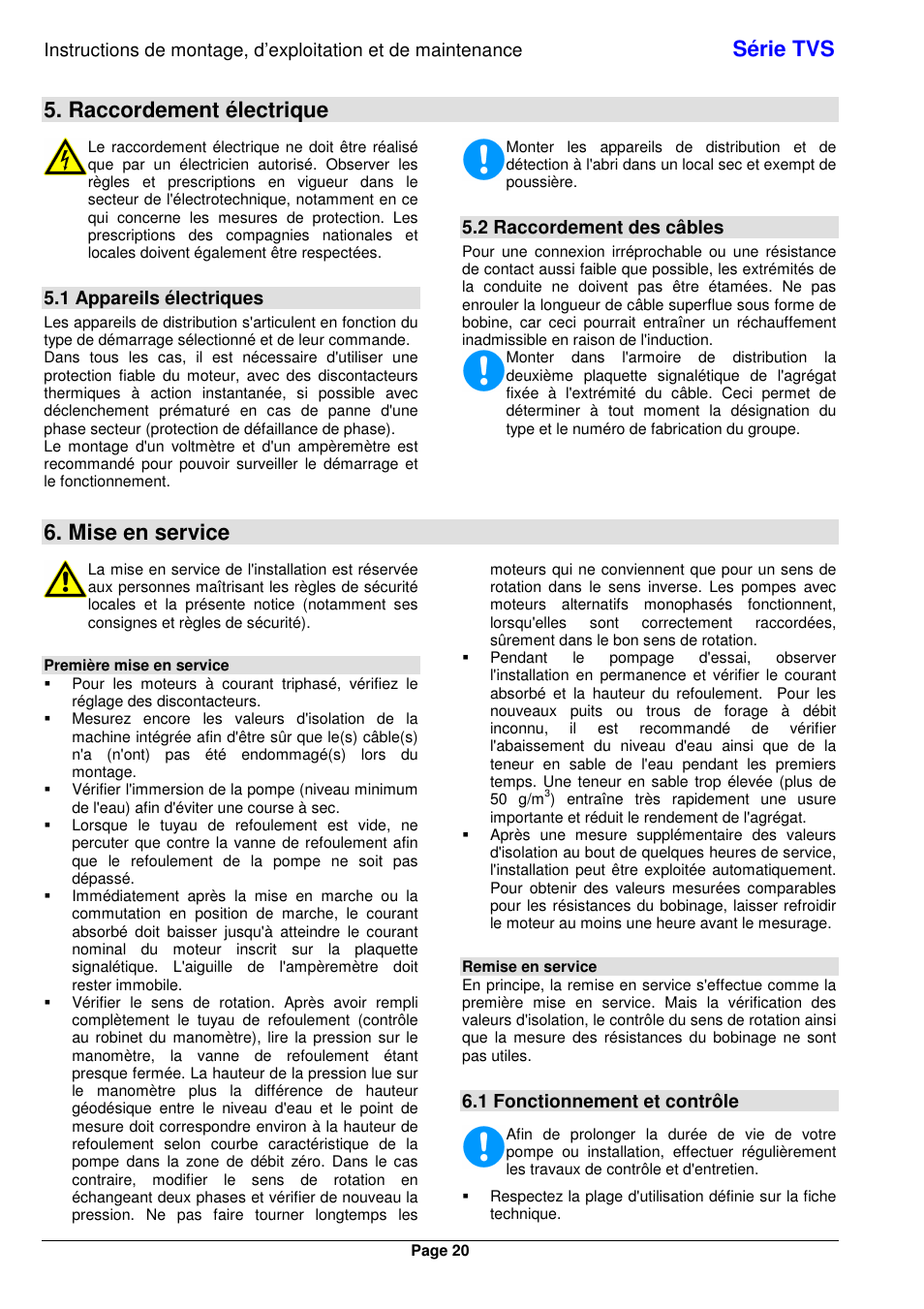 Série tvs, Raccordement électrique, Mise en service | 1 appareils électriques, 2 raccordement des câbles, 1 fonctionnement et contrôle | Xylem TVS User Manual | Page 28 / 84