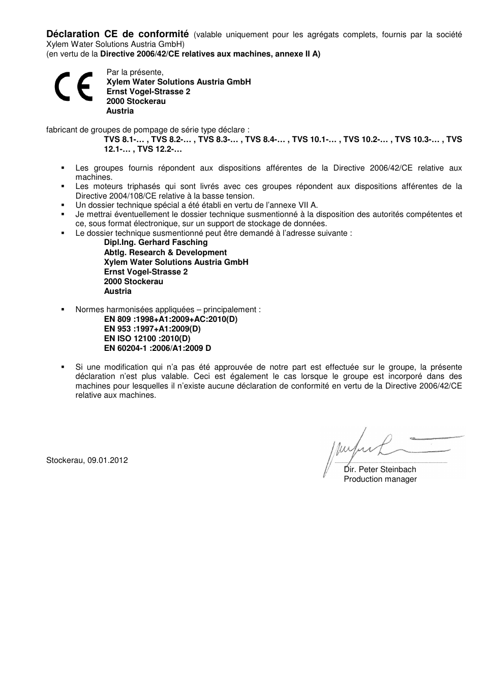 Déclaration ce de conformité | Xylem TVS User Manual | Page 3 / 84