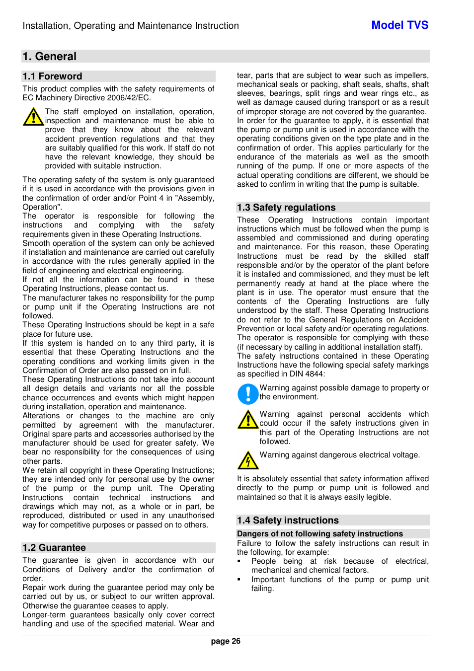 Model tvs, General, 1 foreword | 2 guarantee, 3 safety regulations, 4 safety instructions | Xylem TVS User Manual | Page 34 / 84