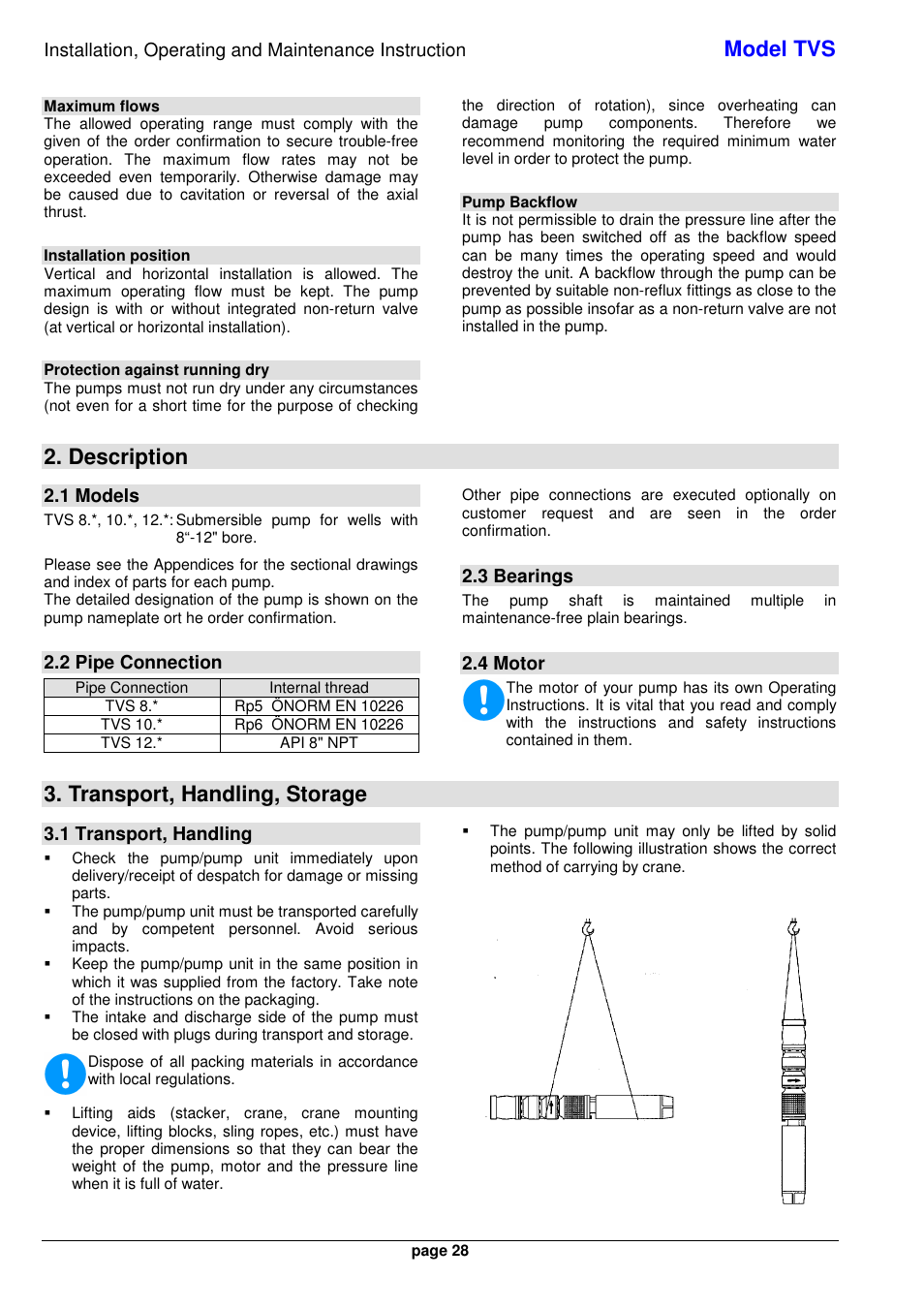 Model tvs, Description, Transport, handling, storage | Xylem TVS User Manual | Page 36 / 84