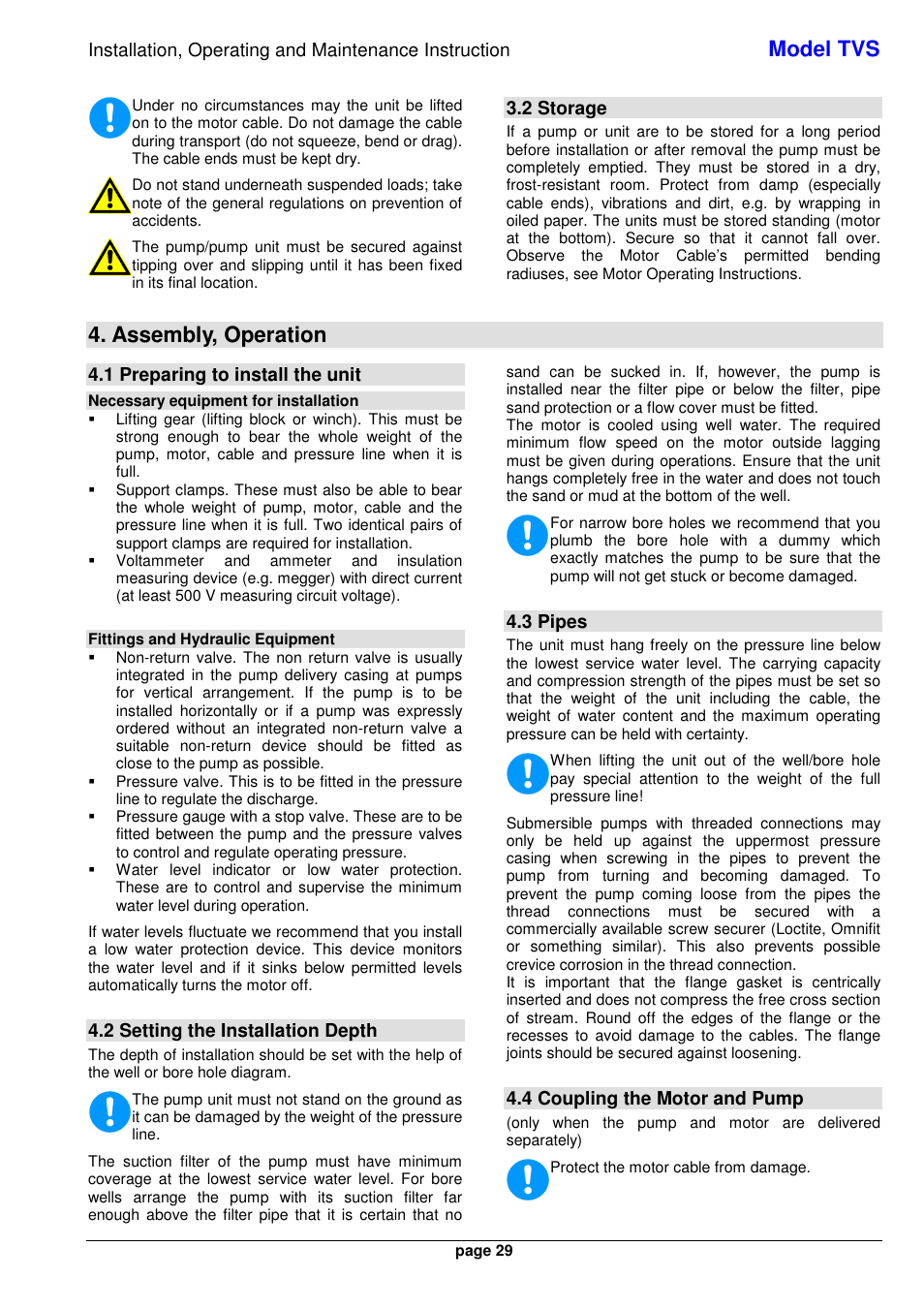 Model tvs, Assembly, operation, 2 storage | 1 preparing to install the unit, 2 setting the installation depth, 3 pipes, 4 coupling the motor and pump | Xylem TVS User Manual | Page 37 / 84
