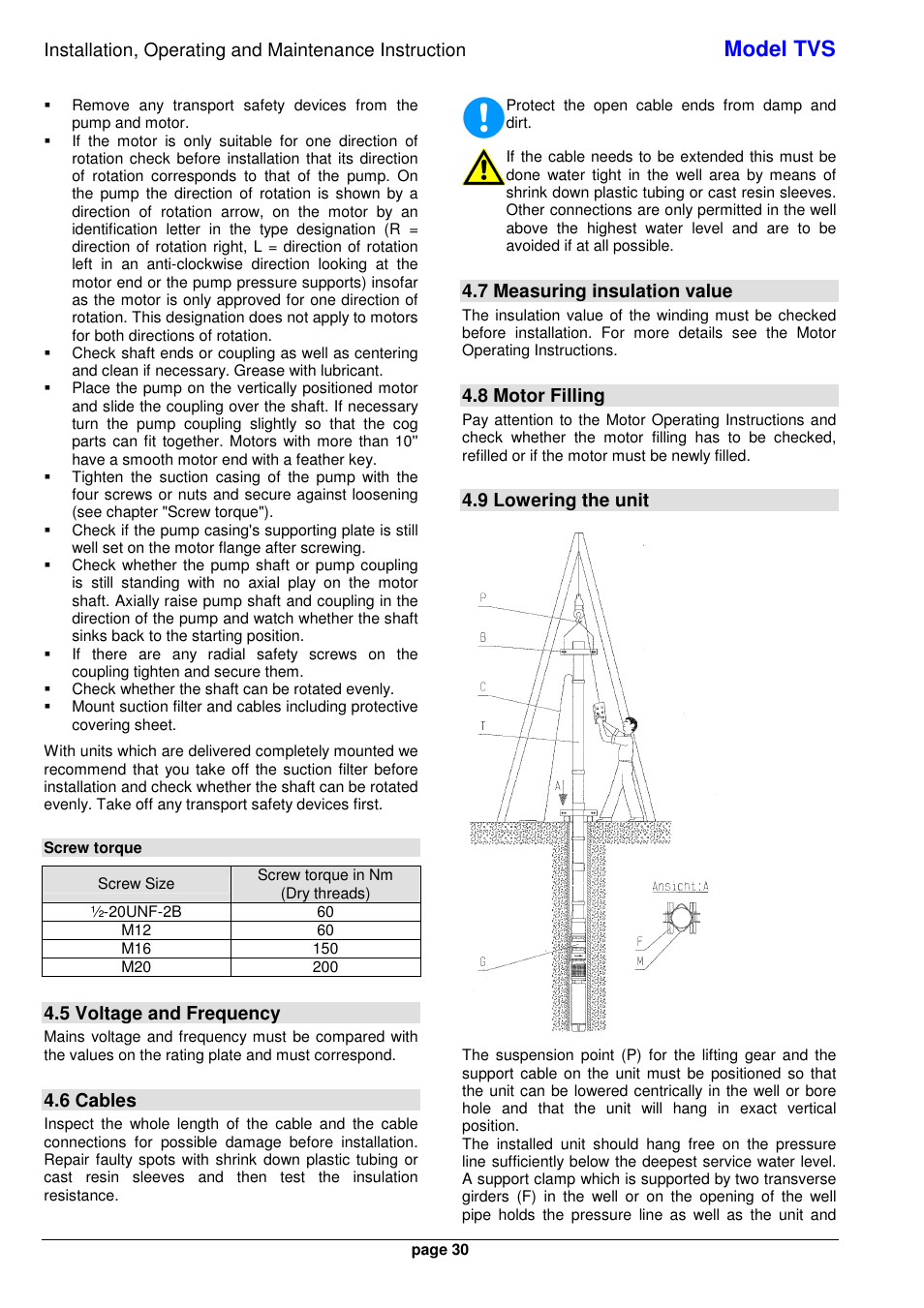 Model tvs, 5 voltage and frequency, 6 cables | 7 measuring insulation value, 8 motor filling, 9 lowering the unit | Xylem TVS User Manual | Page 38 / 84