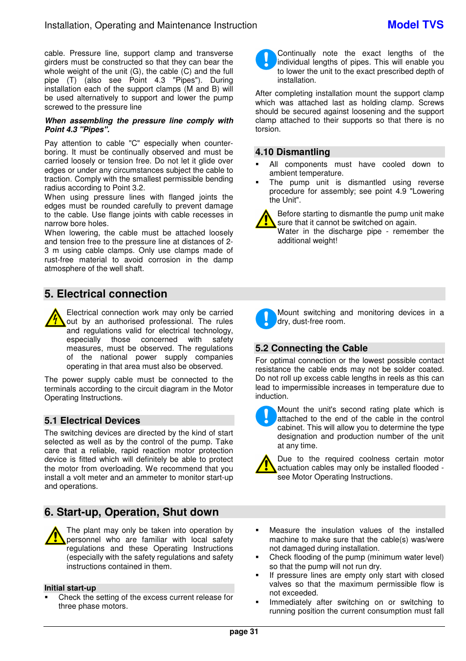 Model tvs, Electrical connection, Start-up, operation, shut down | 10 dismantling, 1 electrical devices, 2 connecting the cable | Xylem TVS User Manual | Page 39 / 84