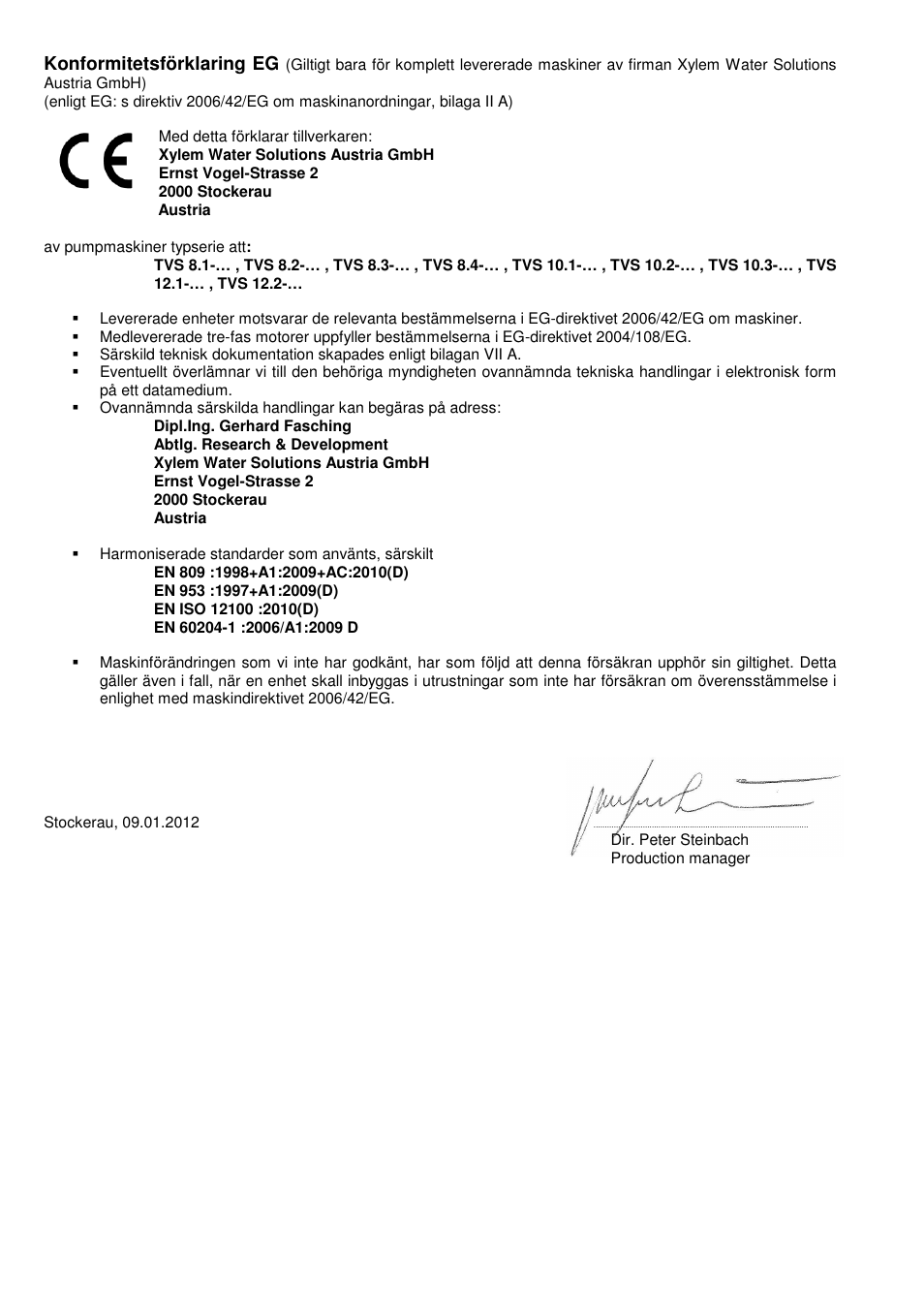 Konformitetsförklaring eg | Xylem TVS User Manual | Page 6 / 84