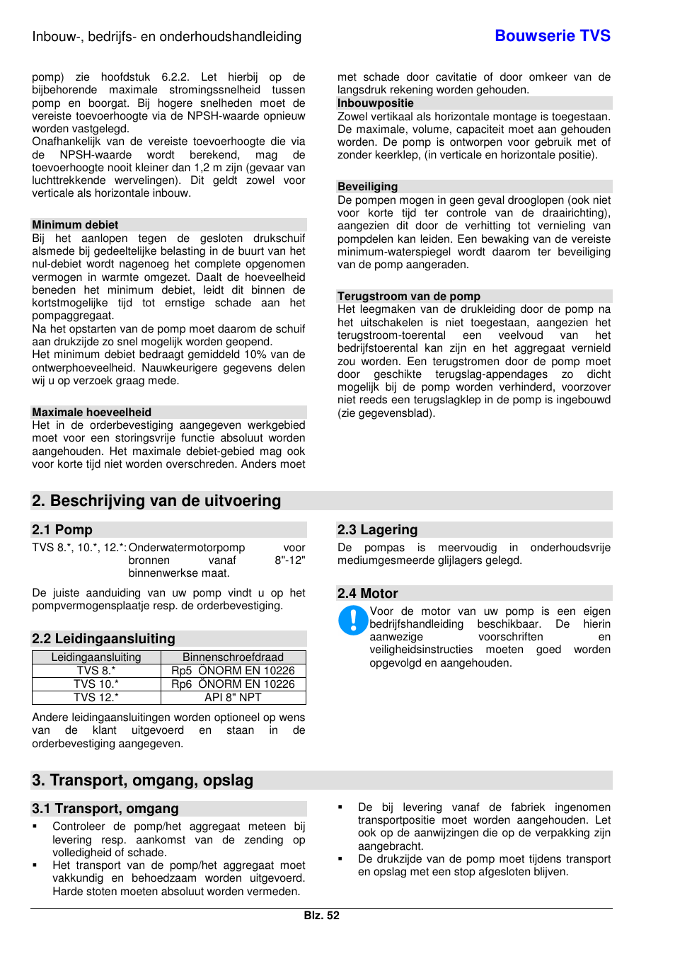 Bouwserie tvs, Beschrijving van de uitvoering, Transport, omgang, opslag | Xylem TVS User Manual | Page 60 / 84