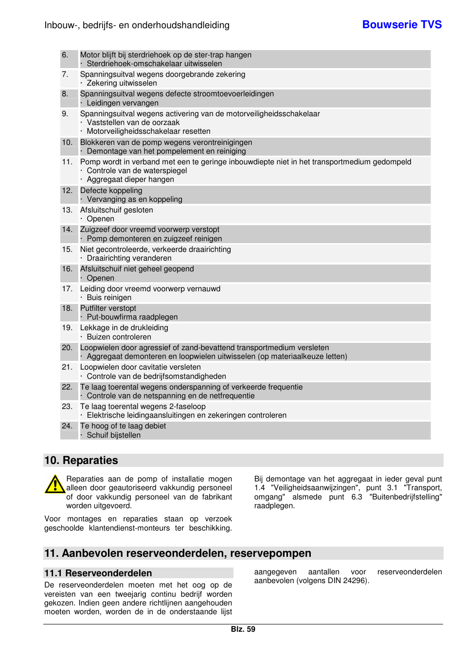 Bouwserie tvs, Reparaties, Aanbevolen reserveonderdelen, reservepompen | Inbouw-, bedrijfs- en onderhoudshandleiding, 1 reserveonderdelen | Xylem TVS User Manual | Page 67 / 84