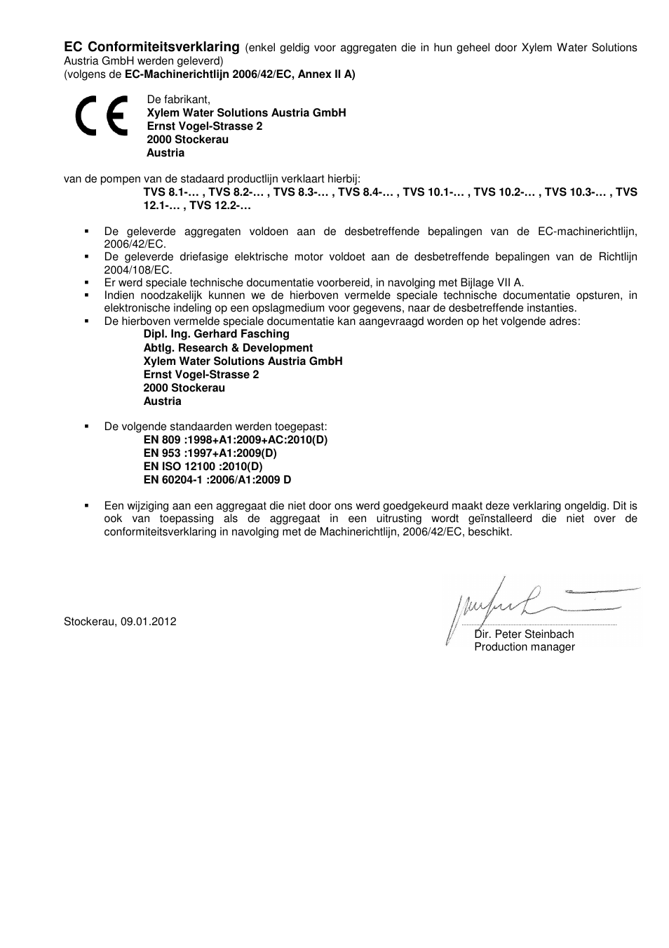 Ec conformiteitsverklaring | Xylem TVS User Manual | Page 7 / 84