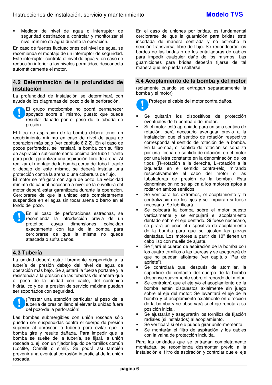 Modelo tvs, 2 determinación de la profundidad de instalación, 3 tubería | 4 acoplamiento de la bomba y del motor | Xylem TVS User Manual | Page 12 / 72