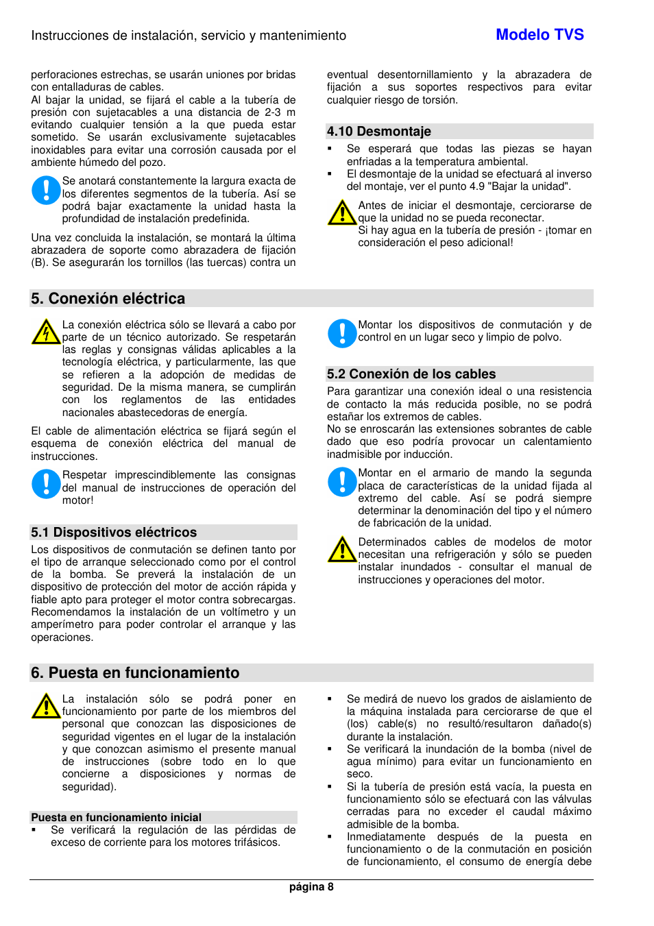 Modelo tvs, Conexión eléctrica, Puesta en funcionamiento | 10 desmontaje, 1 dispositivos eléctricos, 2 conexión de los cables | Xylem TVS User Manual | Page 14 / 72