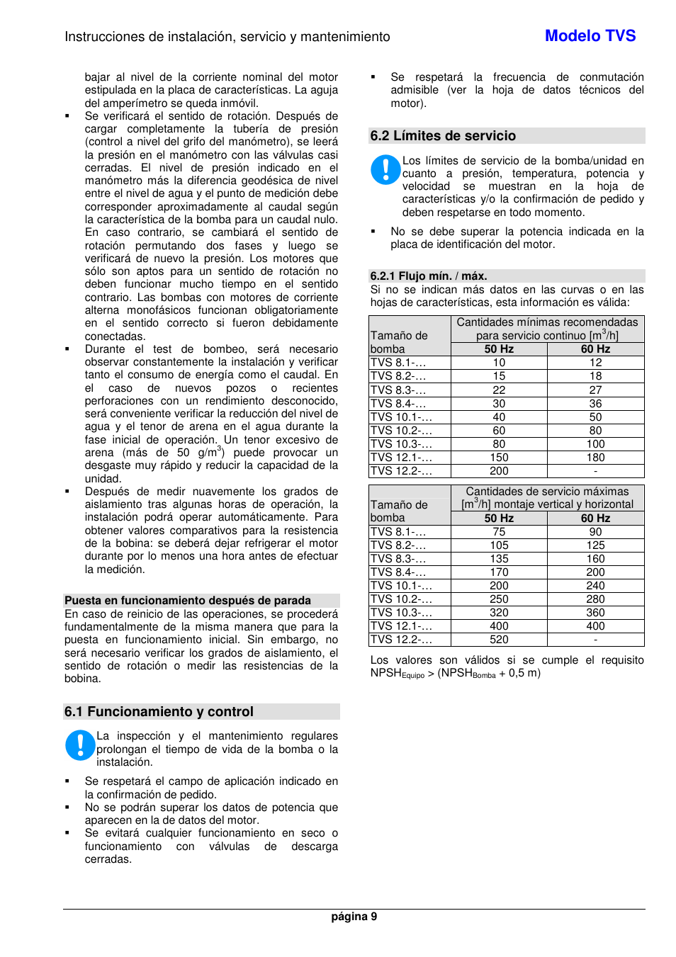 Modelo tvs, 1 funcionamiento y control, 2 límites de servicio | Xylem TVS User Manual | Page 15 / 72