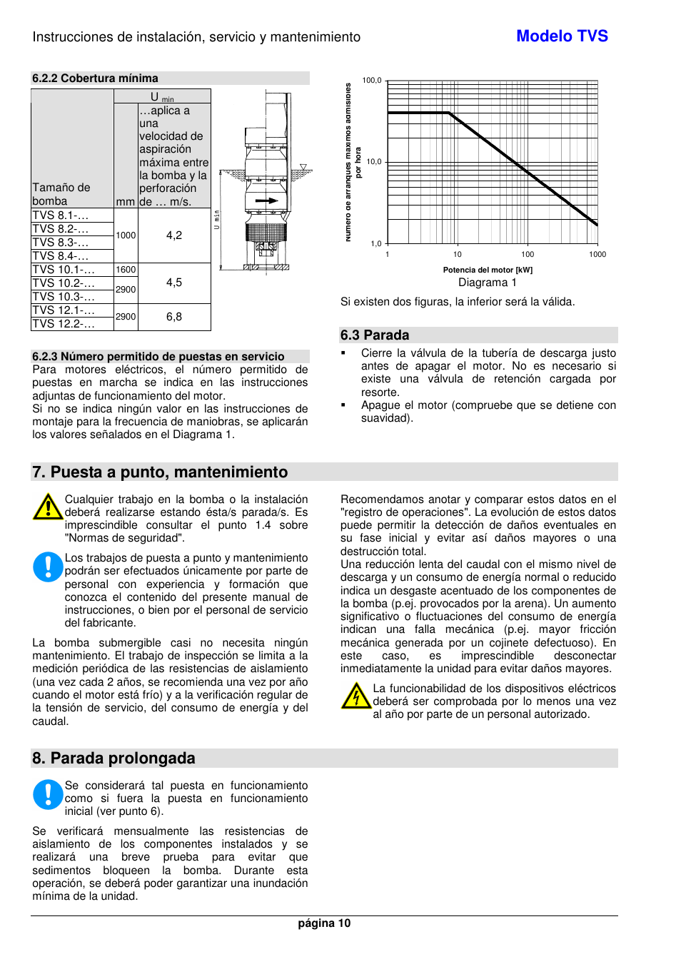 Modelo tvs, Puesta a punto, mantenimiento, Parada prolongada | 3 parada | Xylem TVS User Manual | Page 16 / 72