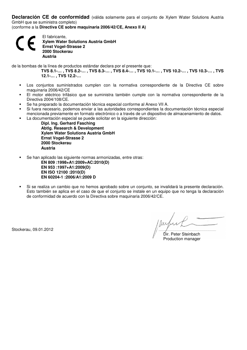 Declaración ce de conformidad | Xylem TVS User Manual | Page 2 / 72