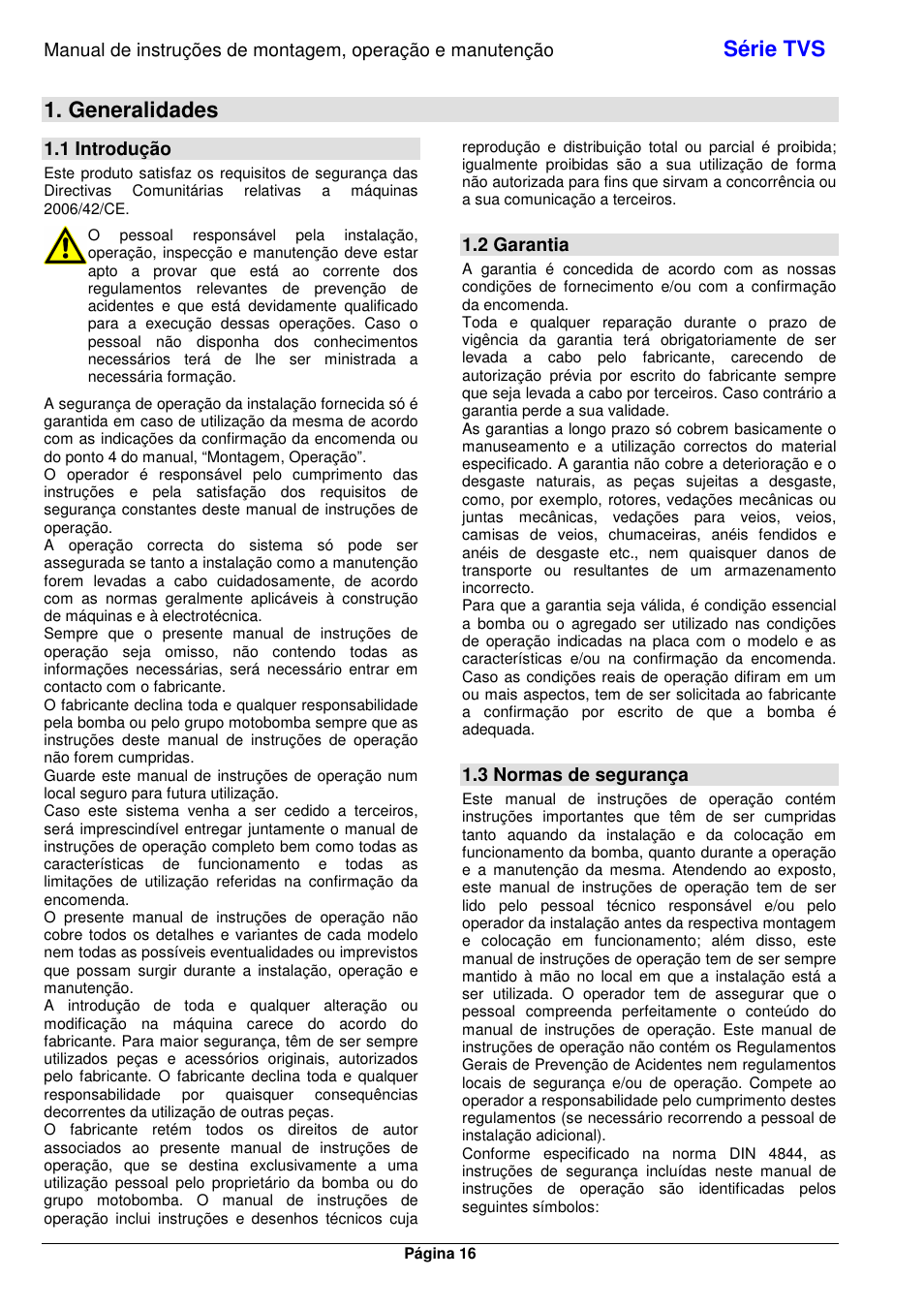 Série tvs, Generalidades, 1 introdução | 2 garantia, 3 normas de segurança | Xylem TVS User Manual | Page 22 / 72