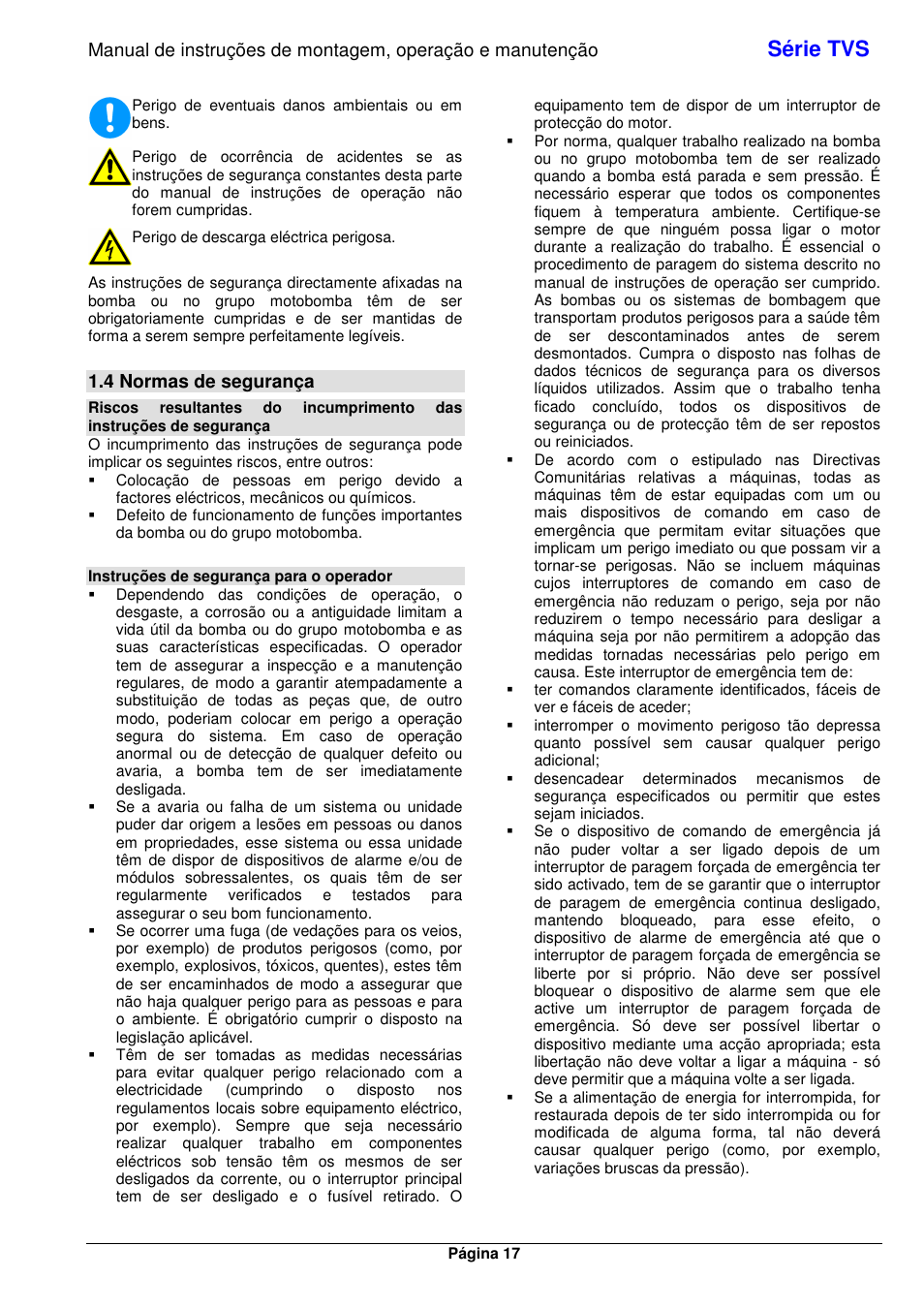 Série tvs, 4 normas de segurança | Xylem TVS User Manual | Page 23 / 72