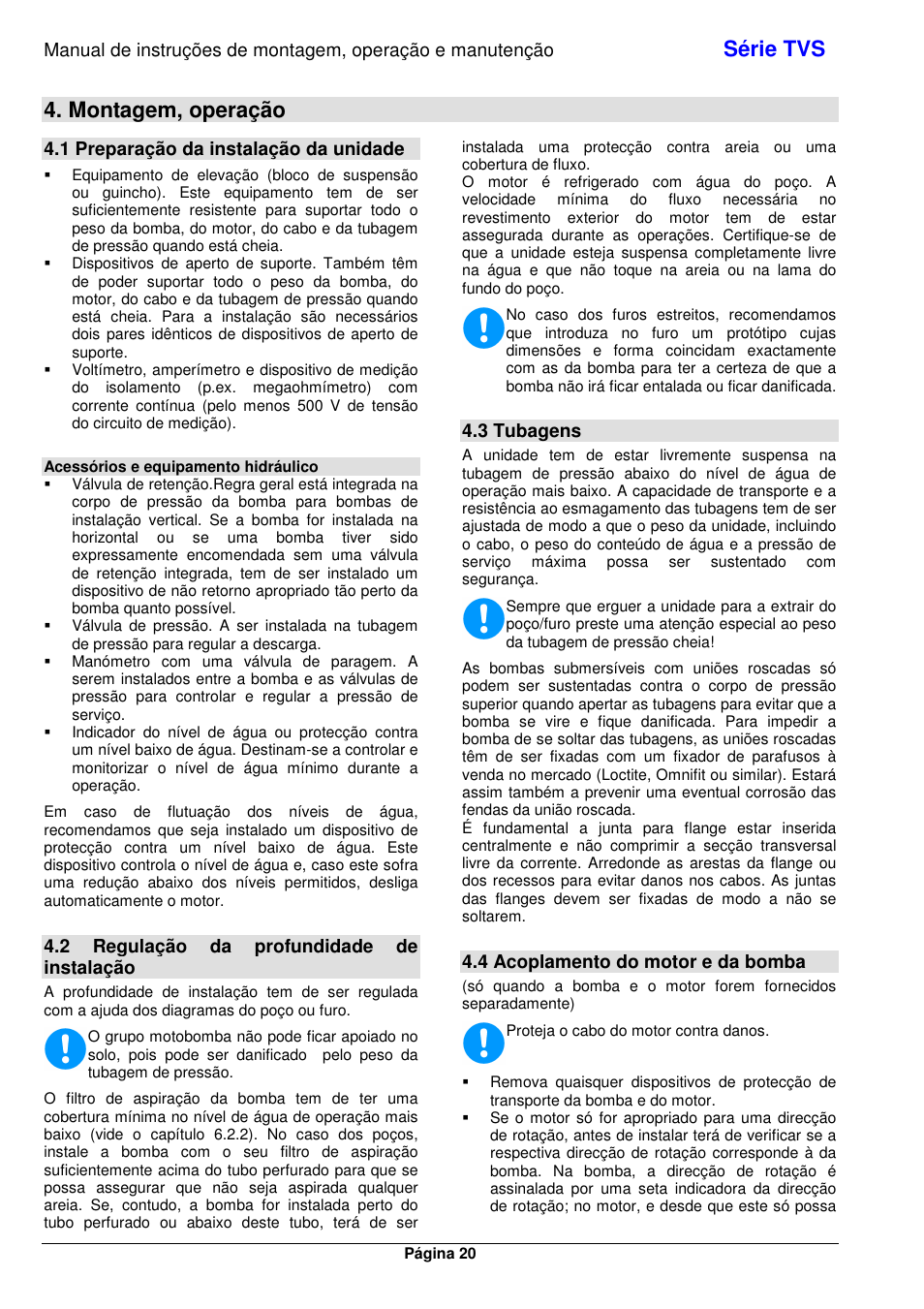 Série tvs, Montagem, operação, 1 preparação da instalação da unidade | 2 regulação da profundidade de instalação, 3 tubagens, 4 acoplamento do motor e da bomba | Xylem TVS User Manual | Page 26 / 72