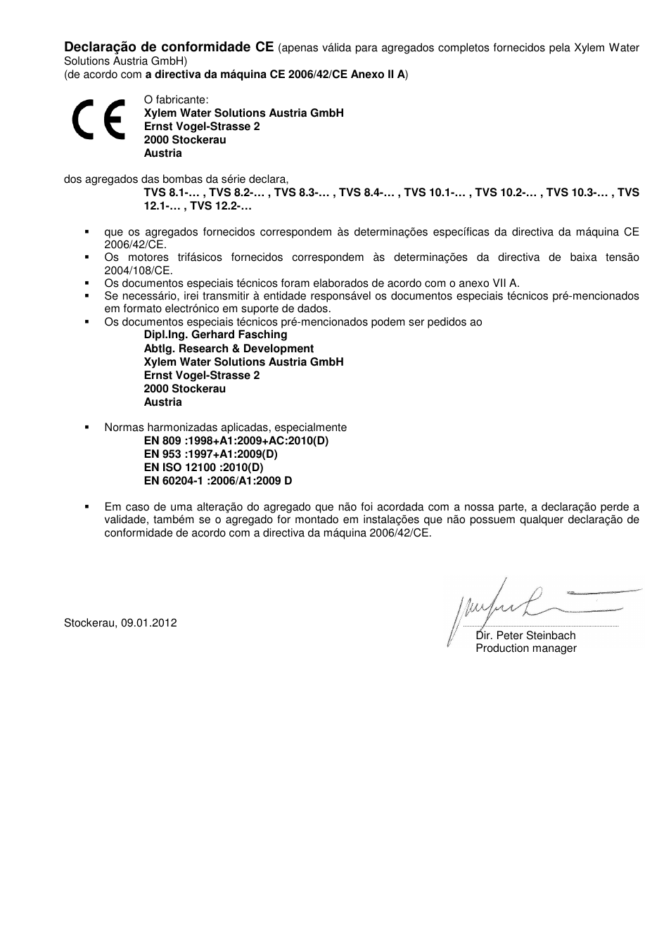 Declaração de conformidade ce | Xylem TVS User Manual | Page 3 / 72