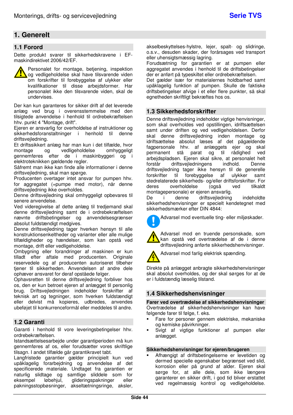 Serie tvs, Generelt, Monterings, drifts- og servicevejledning | 1 forord, 2 garanti, 3 sikkerhedsforskrifter, 4 sikkerhedshenvisninger | Xylem TVS User Manual | Page 50 / 72