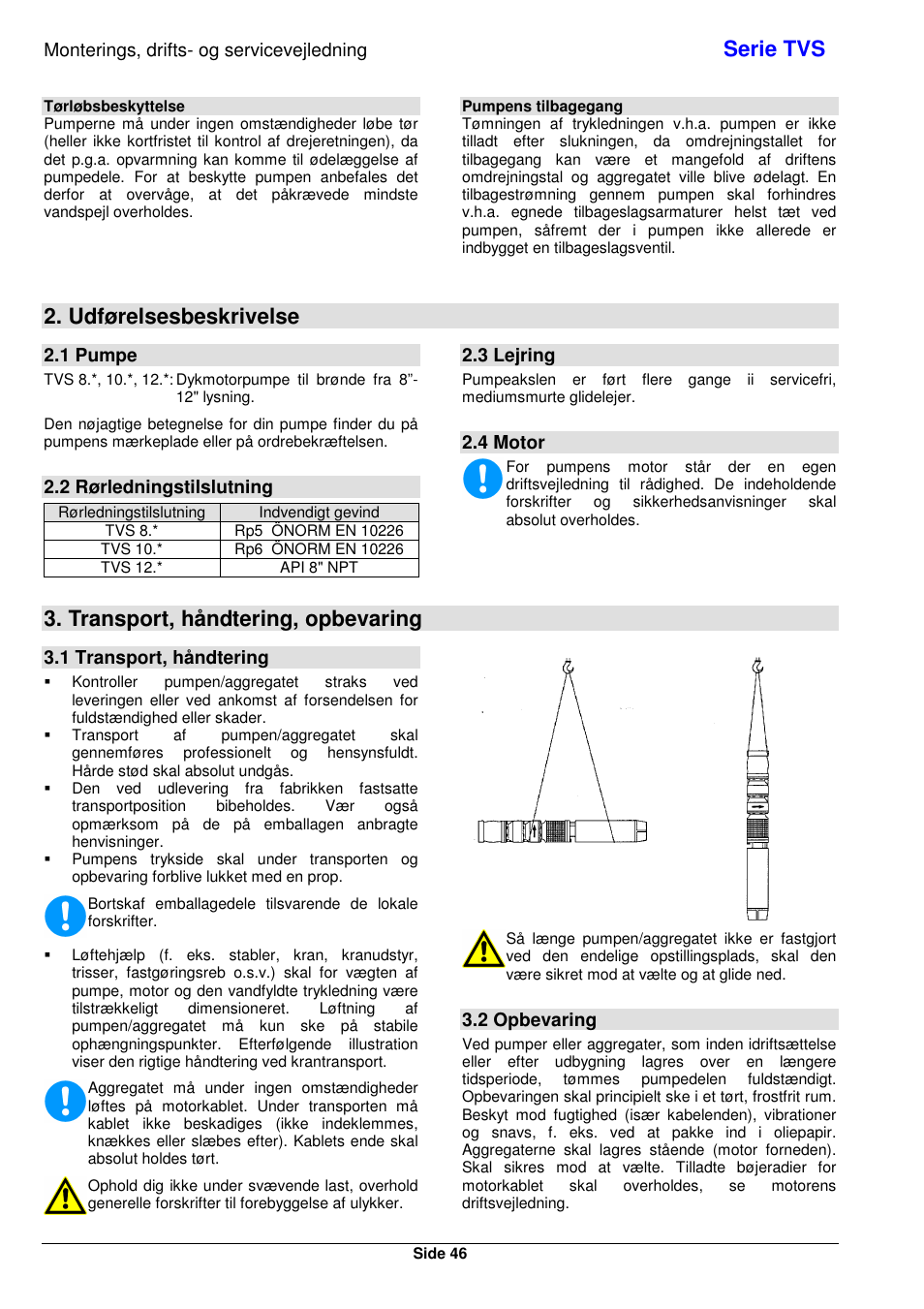 Serie tvs, Udførelsesbeskrivelse, Transport, håndtering, opbevaring | Monterings, drifts- og servicevejledning, 1 pumpe, 2 rørledningstilslutning, 3 lejring, 4 motor, 1 transport, håndtering, 2 opbevaring | Xylem TVS User Manual | Page 52 / 72