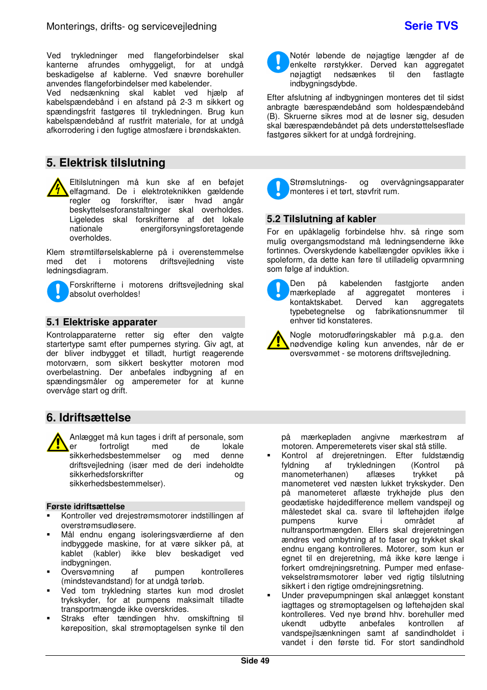 Serie tvs, Elektrisk tilslutning, Idriftsættelse | Monterings, drifts- og servicevejledning, 1 elektriske apparater, 2 tilslutning af kabler | Xylem TVS User Manual | Page 55 / 72