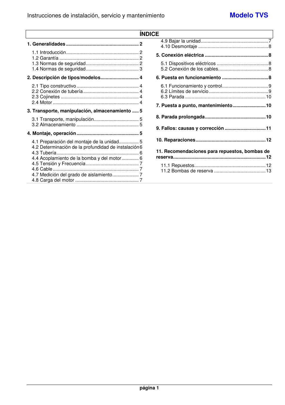 Modelo tvs | Xylem TVS User Manual | Page 7 / 72