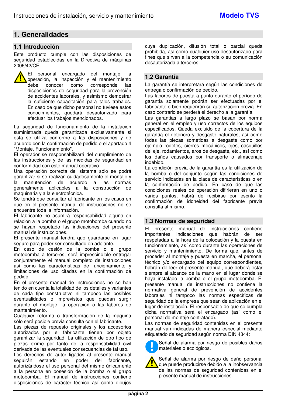 Modelo tvs, Generalidades, 1 introducción | 2 garantía, 3 normas de seguridad | Xylem TVS User Manual | Page 8 / 72