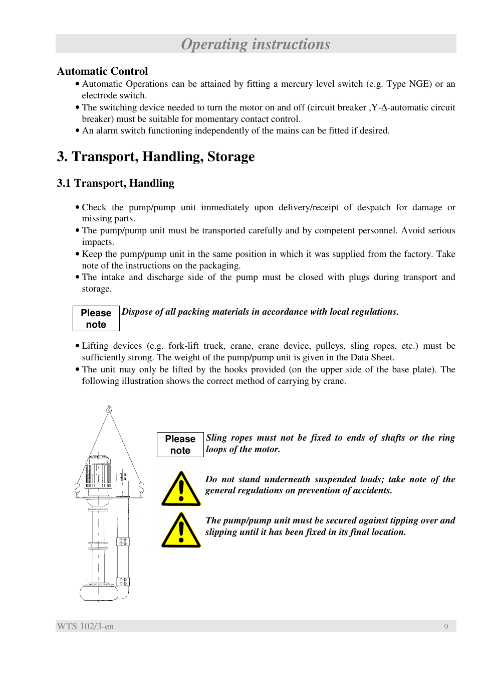 Operating instructions, Transport, handling, storage | Xylem WTS User Manual | Page 11 / 22