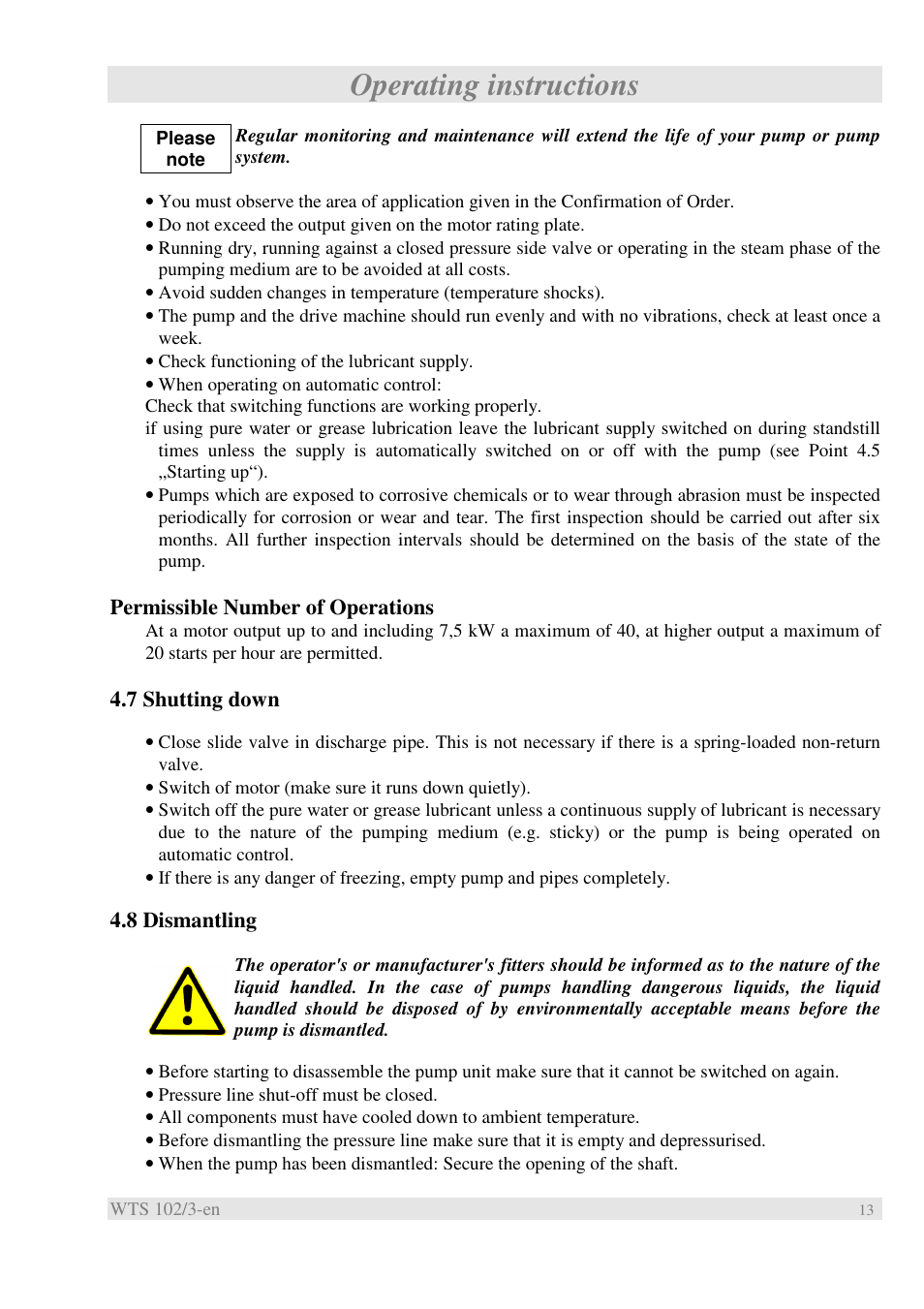 Operating instructions | Xylem WTS User Manual | Page 15 / 22