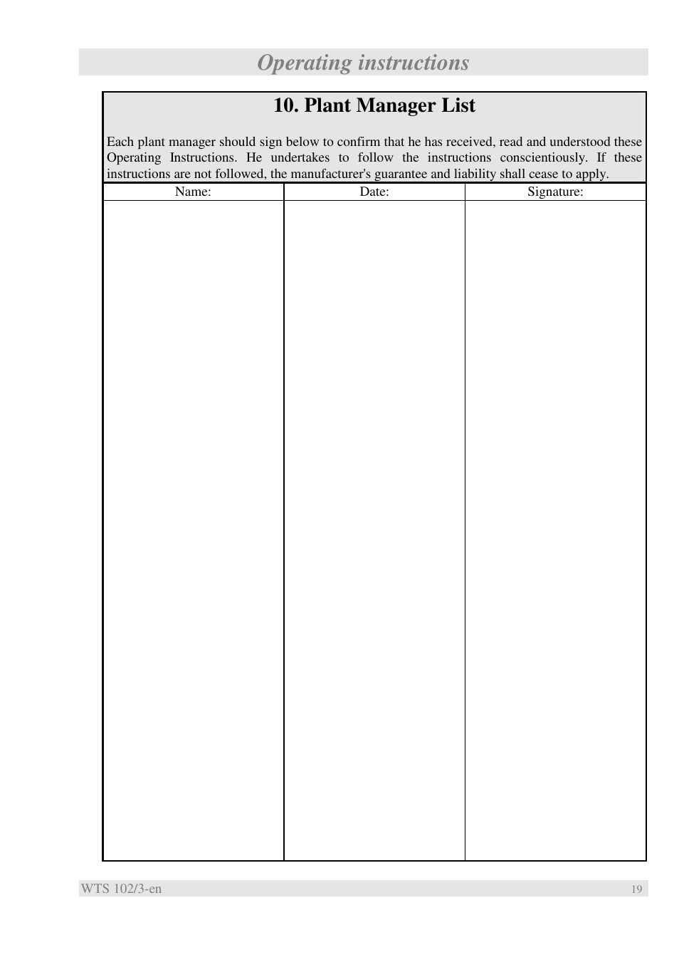 Operating instructions, Plant manager list | Xylem WTS User Manual | Page 21 / 22