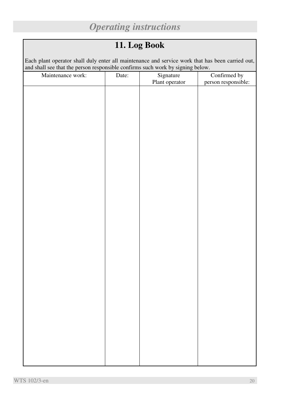 Operating instructions, Log book | Xylem WTS User Manual | Page 22 / 22