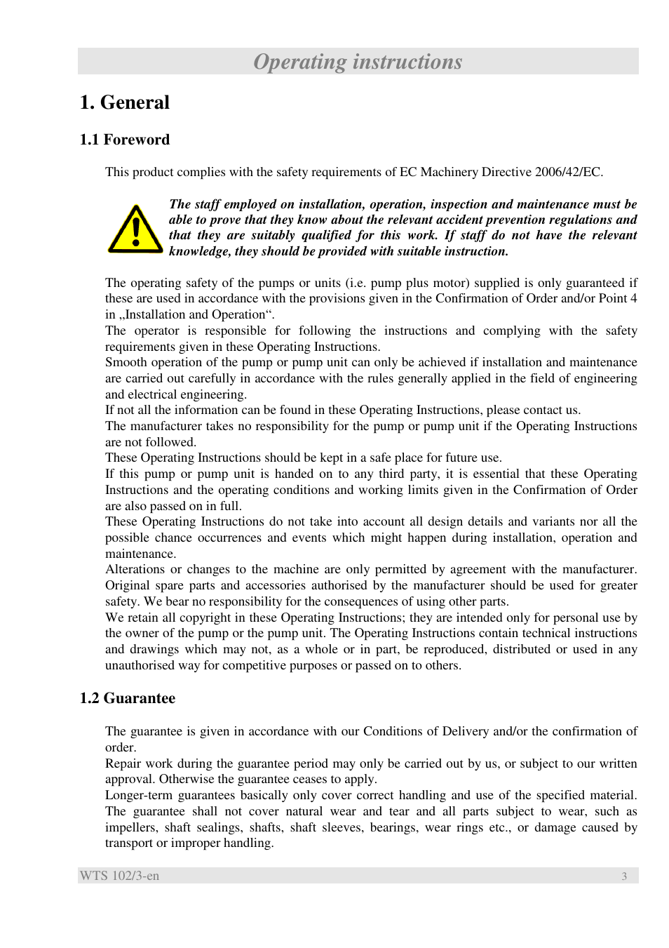 Operating instructions, General | Xylem WTS User Manual | Page 5 / 22