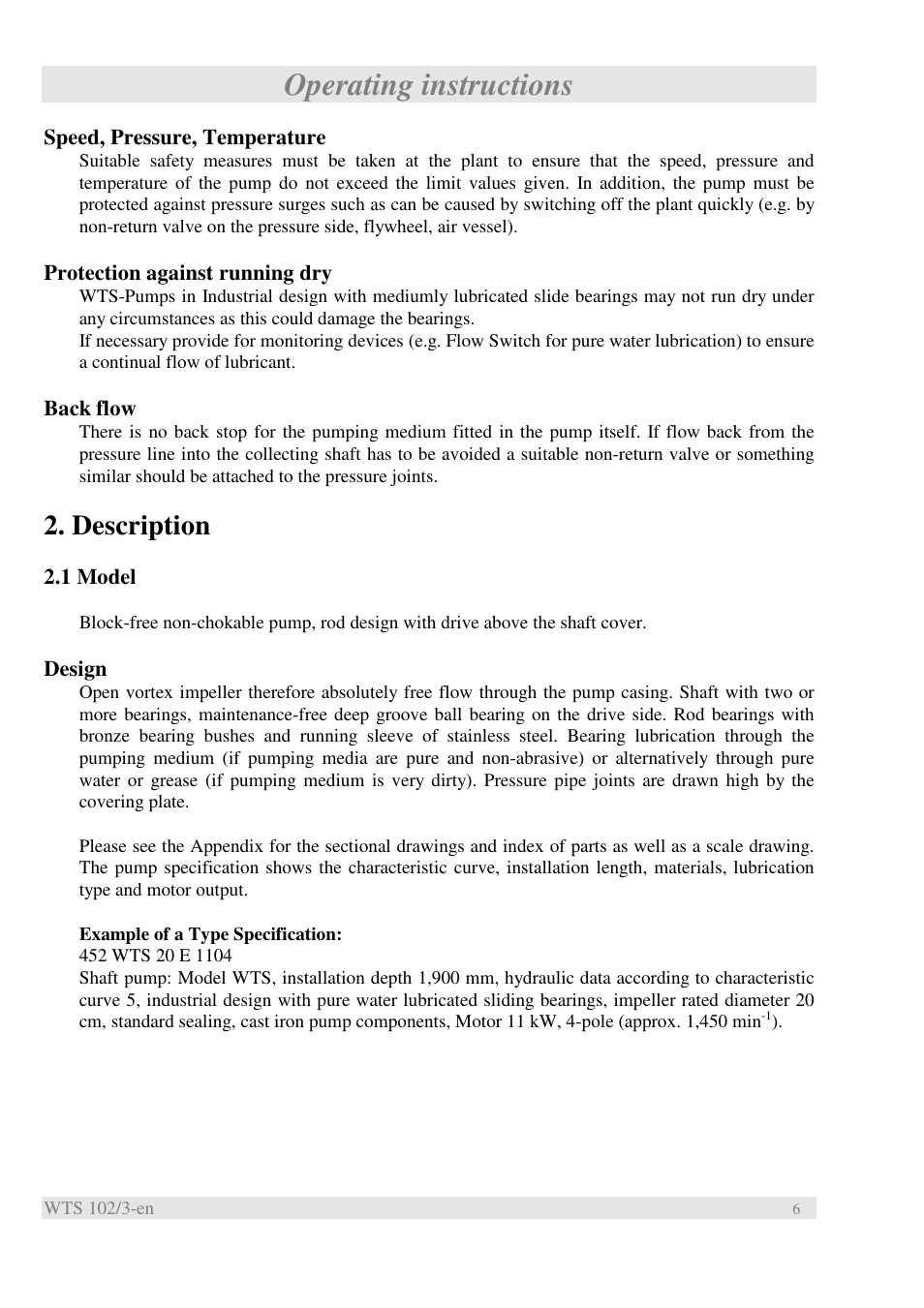 Operating instructions, Description | Xylem WTS User Manual | Page 8 / 22