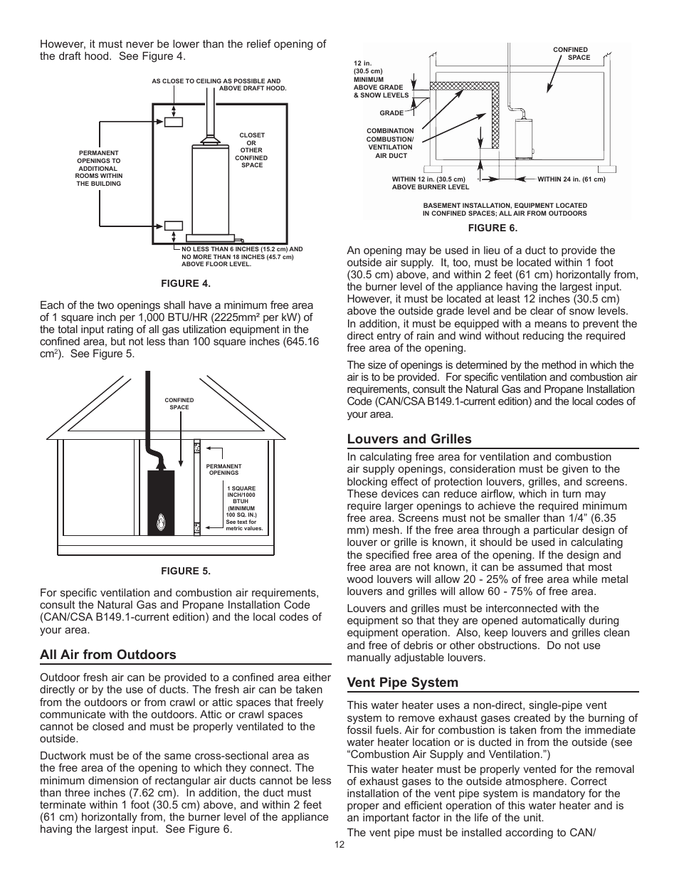 All air from outdoors, Louvers and grilles, Vent pipe system | John Wood Atmospheric Gas (Standard) User Manual | Page 12 / 40