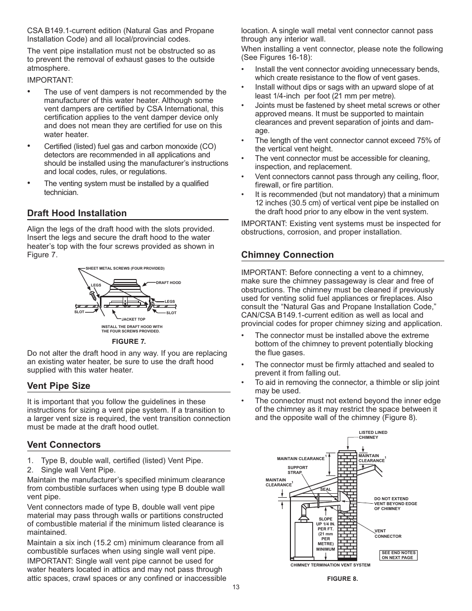 Chimney connection, Draft hood installation, Vent pipe size | Vent connectors | John Wood Atmospheric Gas (Standard) User Manual | Page 13 / 40