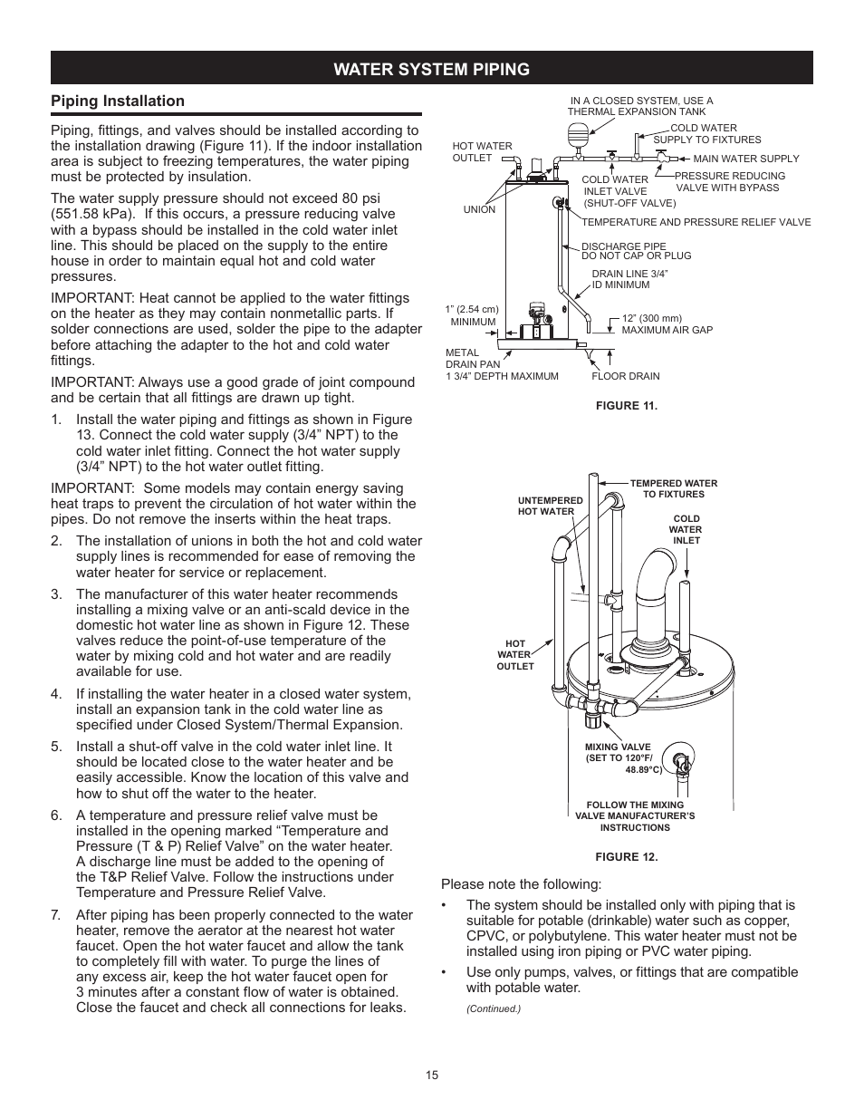 Water system piping, Piping installation | John Wood Atmospheric Gas (Standard) User Manual | Page 15 / 40