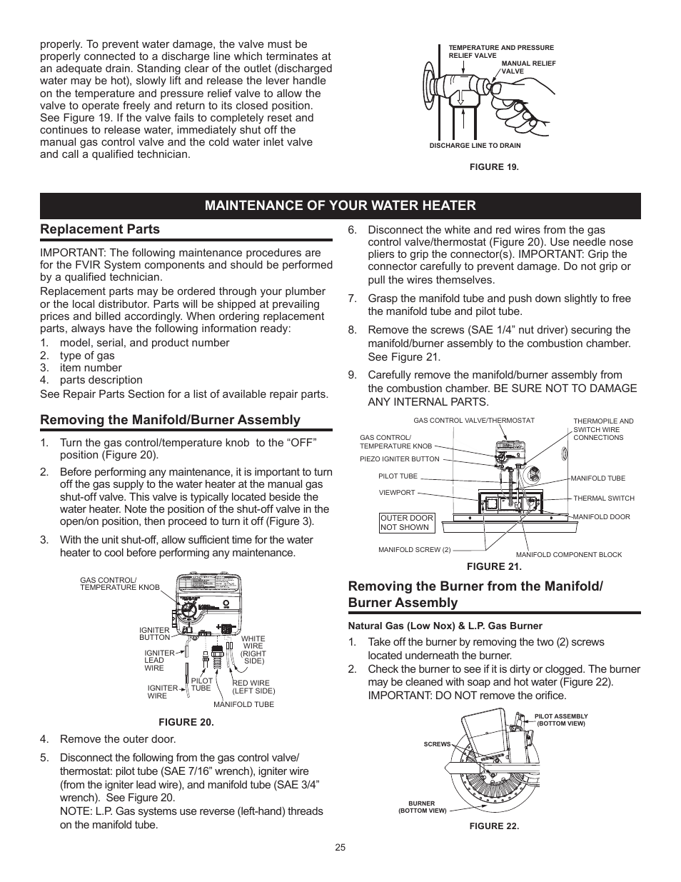 Replacement parts, Removing the manifold/burner assembly, Maintenance of your water heater | John Wood Atmospheric Gas (Standard) User Manual | Page 25 / 40