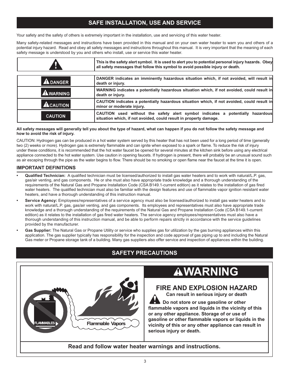 Warning, Fire and explosion hazard | John Wood Atmospheric Gas (Standard) User Manual | Page 3 / 40