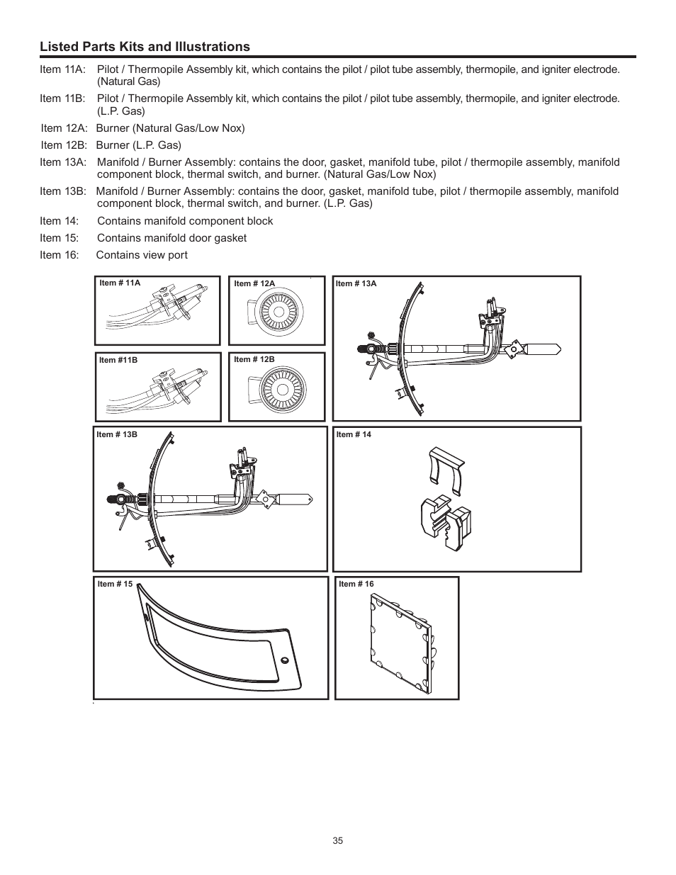 Listed parts kits and illustrations | John Wood Atmospheric Gas (Standard) User Manual | Page 35 / 40