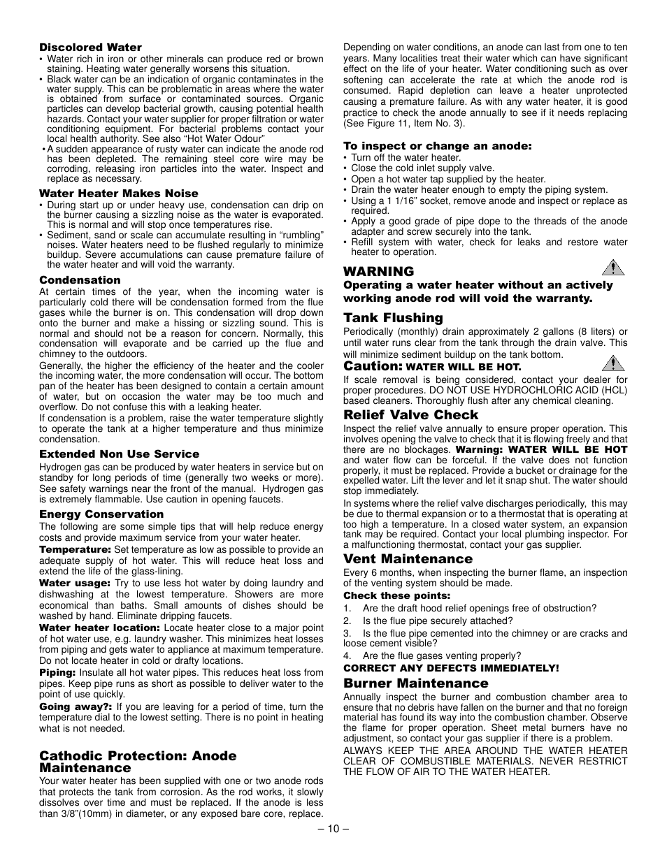 Cathodic protection: anode maintenance, Warning, Tank flushing | Caution, Relief valve check, Vent maintenance, Burner maintenance | John Wood Atmospheric Gas (Non-FVIR) User Manual | Page 10 / 13