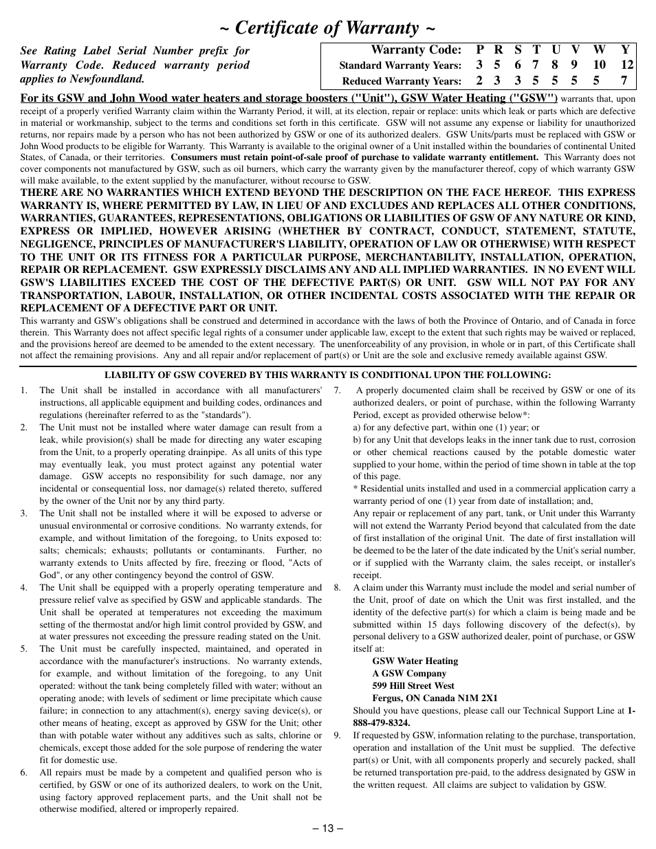 Certificate of warranty | John Wood Atmospheric Gas (Non-FVIR) User Manual | Page 13 / 13