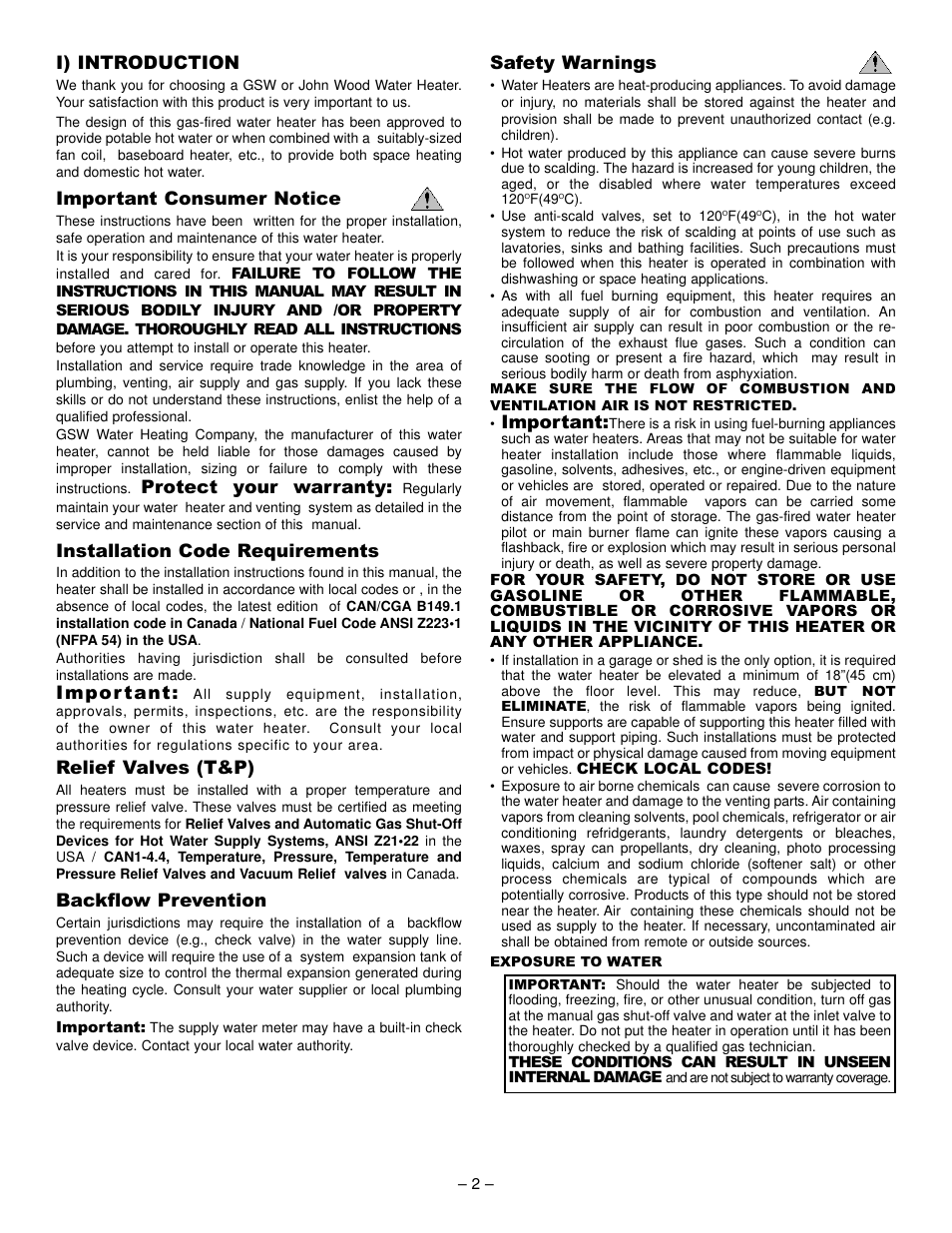 I) introduction, Important consumer notice, Protect your warranty | Installation code requirements, Impor tant, Relief valves (t&p), Backflow prevention, Safety warnings, Important | John Wood Atmospheric Gas (Non-FVIR) User Manual | Page 2 / 13