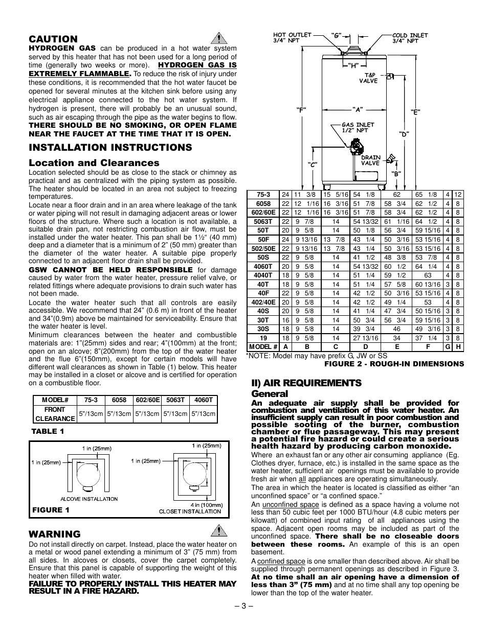 Caution, Installation instructions location and clearances, Warning | Ii) air requirements general | John Wood Atmospheric Gas (Non-FVIR) User Manual | Page 3 / 13