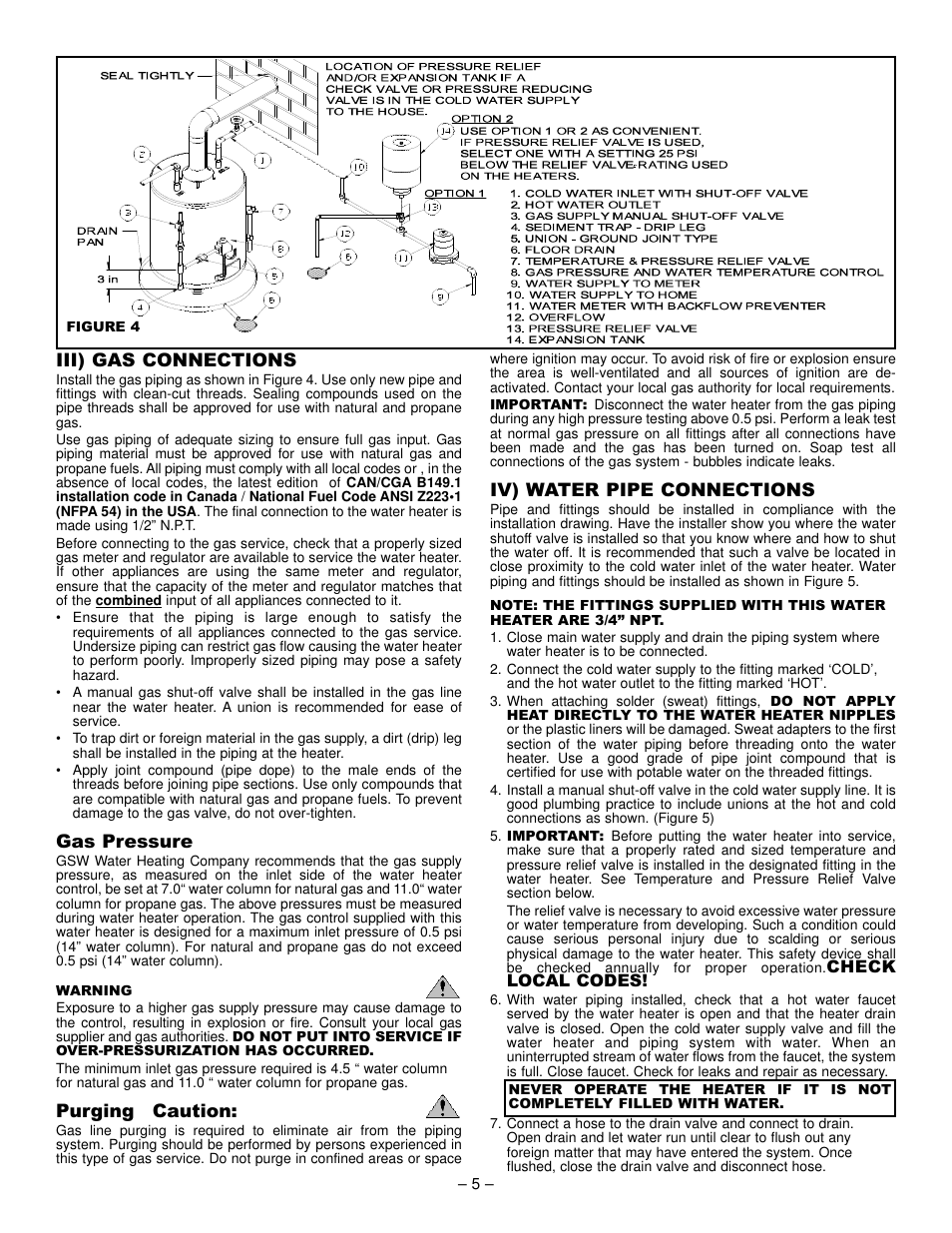 Iii) gas connections, Gas pressure, Purging caution | Iv) water pipe connections | John Wood Atmospheric Gas (Non-FVIR) User Manual | Page 5 / 13