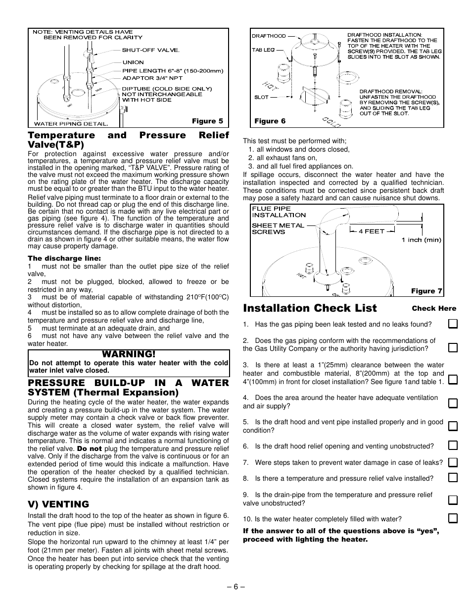 Installation check list, Temperature and pressure relief valve(t&p), V) venting | Warning | John Wood Atmospheric Gas (Non-FVIR) User Manual | Page 6 / 13